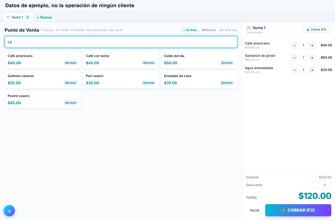 Pantalla de cobro de un punto de venta con una venta en curso de tres productos y el total acumulado. Datos de ejemplo.